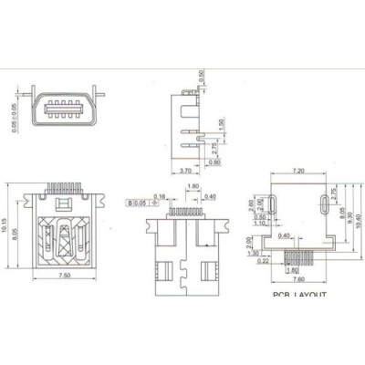 Connecteur Mini USB B a souder (10 pin pour l'usb)(2 points de fixation a plat et a 90°)