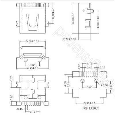 Connecteur Mini USB B a souder (8 pin pour l'usb)(4 points de fixation a plat)