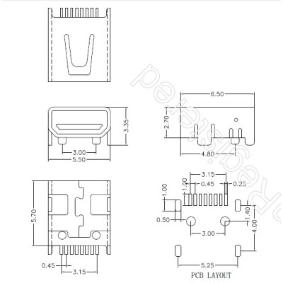 Connecteur Mini USB B a souder (8 pin pour l'usb)(4 points de fixation vertical)
