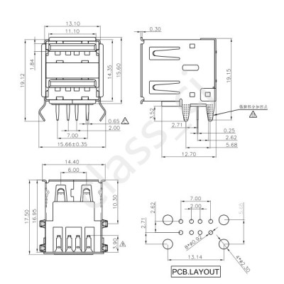 Connecteur USB A femelle , Double connection 8 broches pour USB et 4 Pattes pour fixation 90° base noire