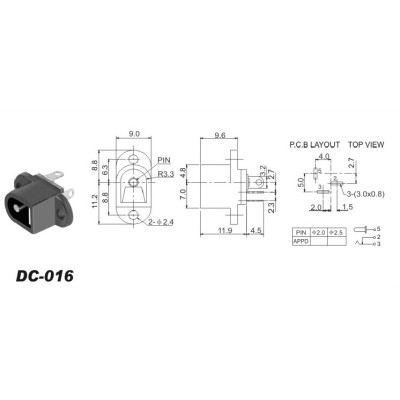 jack d'alimentation femelle a souder tige centrale 2mm (3 broches) DC-016