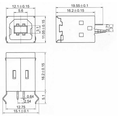 Connecteur USB type B femelle traversante verticale