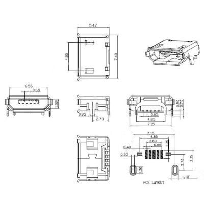 Connecteur micro USB B femelle a souder modéle 3(fixation 4 points 90°)(5 pattes pour l'USB)