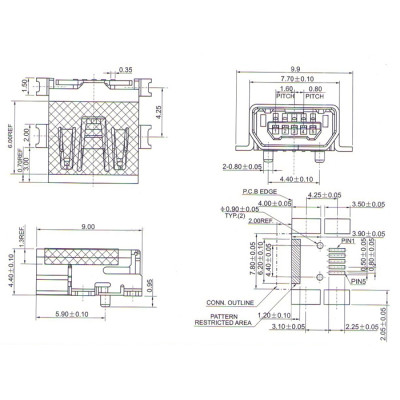Connecteur Mini USB AB a souder (5 pin pour l'usb)(4 points de fixation a plat)