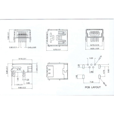 Connecteur Mini USB B Traversants Angle Droite a souder (5 pin pour l'usb)(4 points de fixation a traversant)