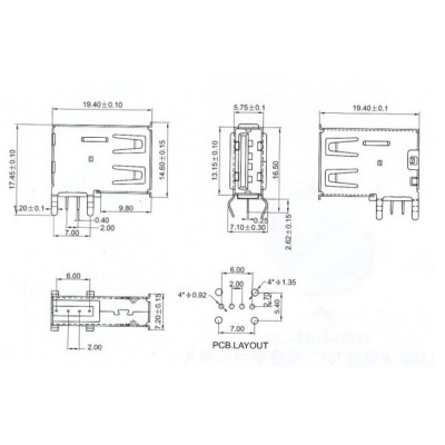 Connecteur USB A vertical femelle longue traversante 