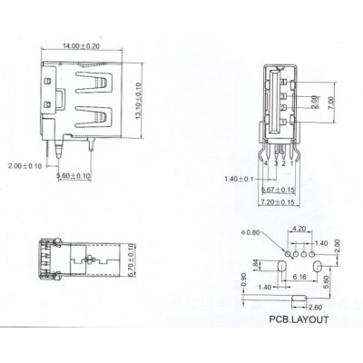 Connecteur USB A vertical femelle courte traversante 