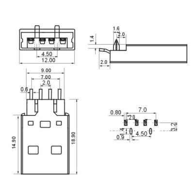 Connecteur Male USB A 2.0  avec couvercle prise