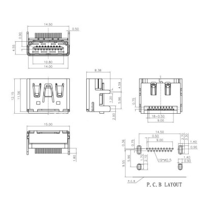 Connecteur HDMI femelle 90 °  2 Ligne pour 19 Pin 4 pattes a souder 