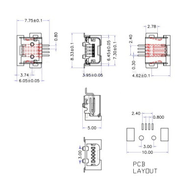 Connecteur Mini USB 4pins pour l'USB a souder(2 points de fixation)